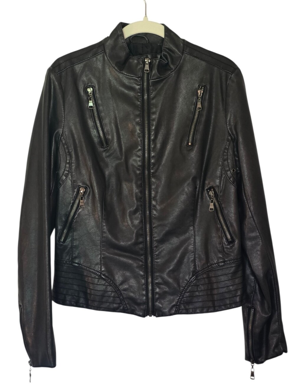 Black Faux Leather Jacket Lapis Brand Motorcycle Fitted Biker Womens Size Large